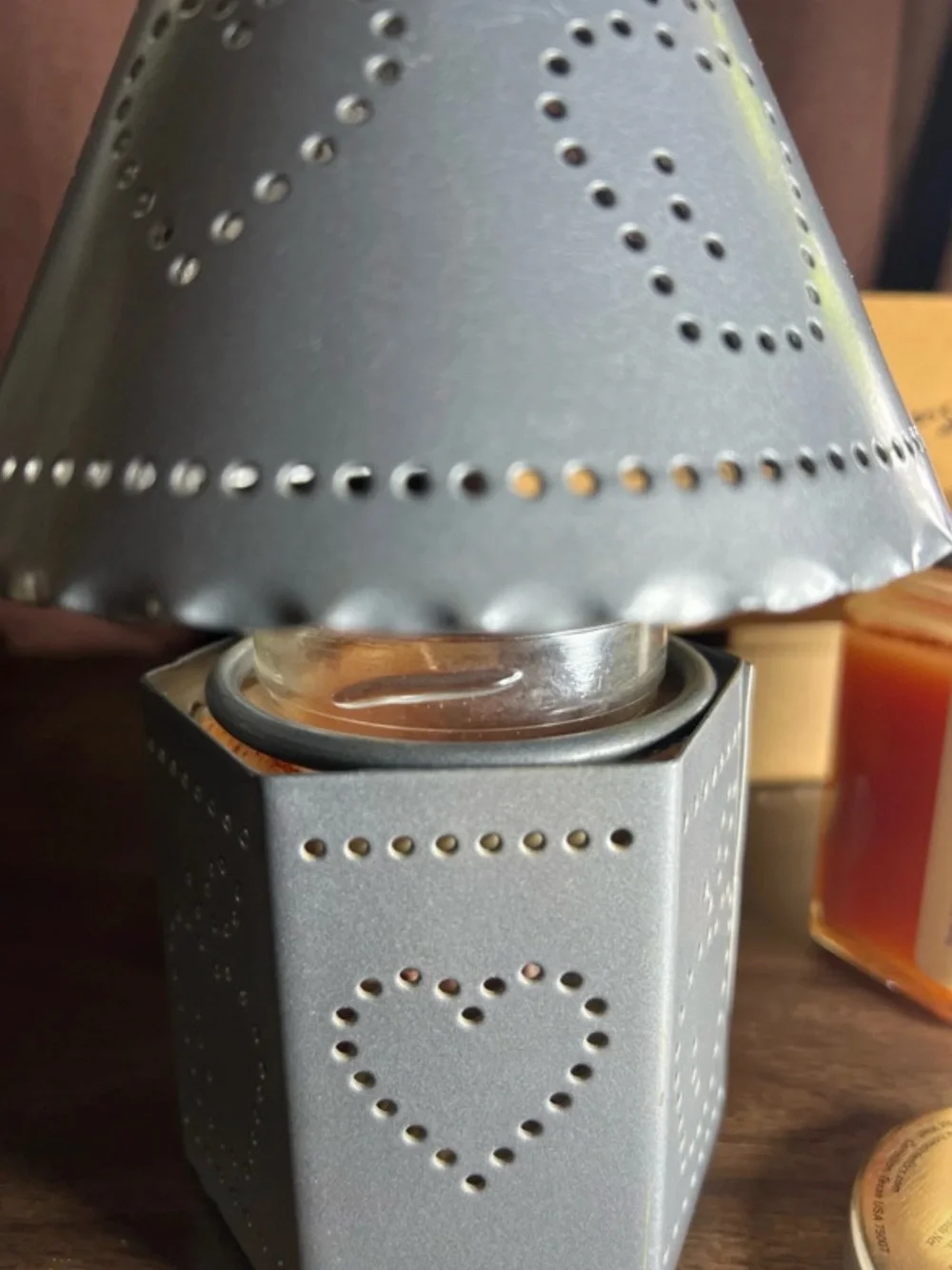 Home Interiors Light Blue Heart Pierced Metal Lantern and Two candles